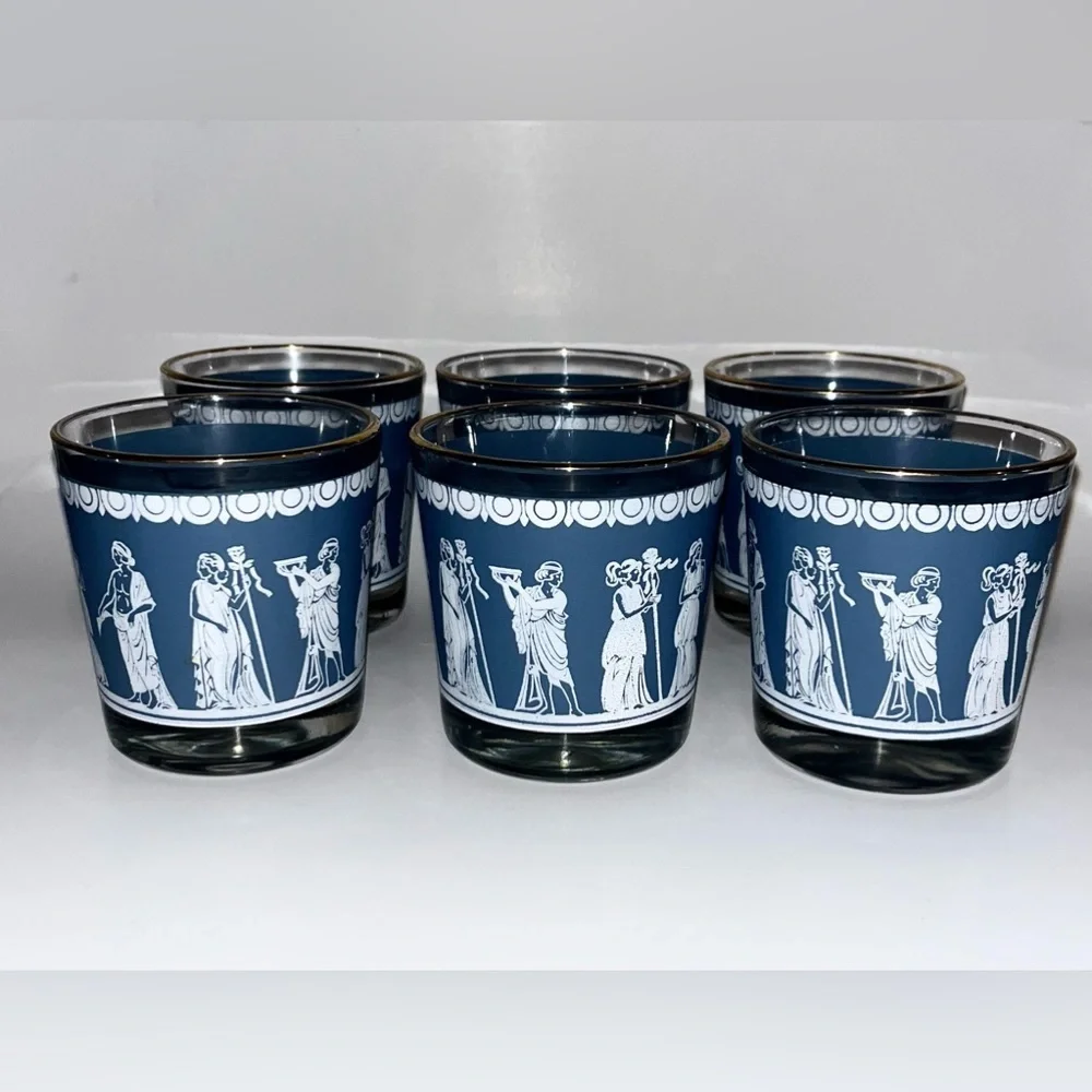 Lot of 6 Vintage Hazel Atlas Wedgwood‎ Blue Short Glasses Egyptian w/ Gold Rims